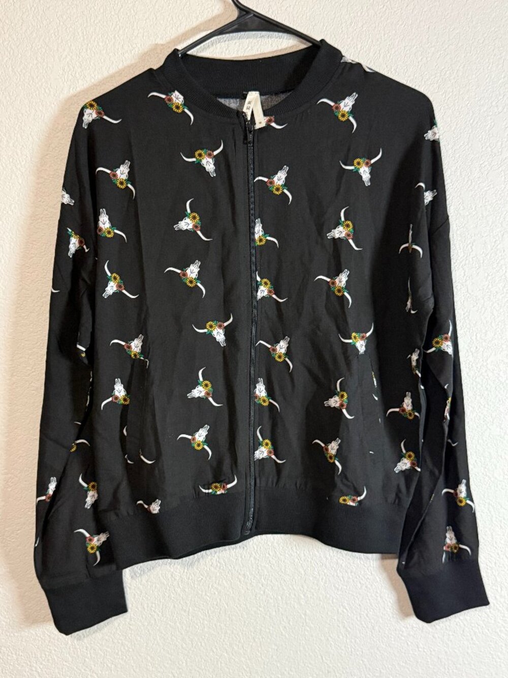 Women's Roper Black Sunflower Cow Skull Zip Bomber Jacket Size M